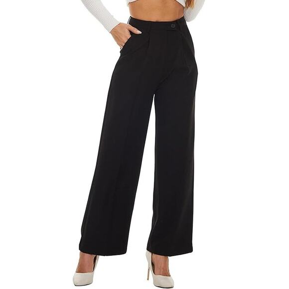 NWT Funyyzo Amazon Black Wide-Leg Work Trousers Pants Size L - Picture 1 of 7